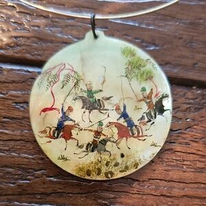 VINTAGE RARE 1920s Persian Mother of Pearl Hand Paint Pendant Polo Horse Abalone